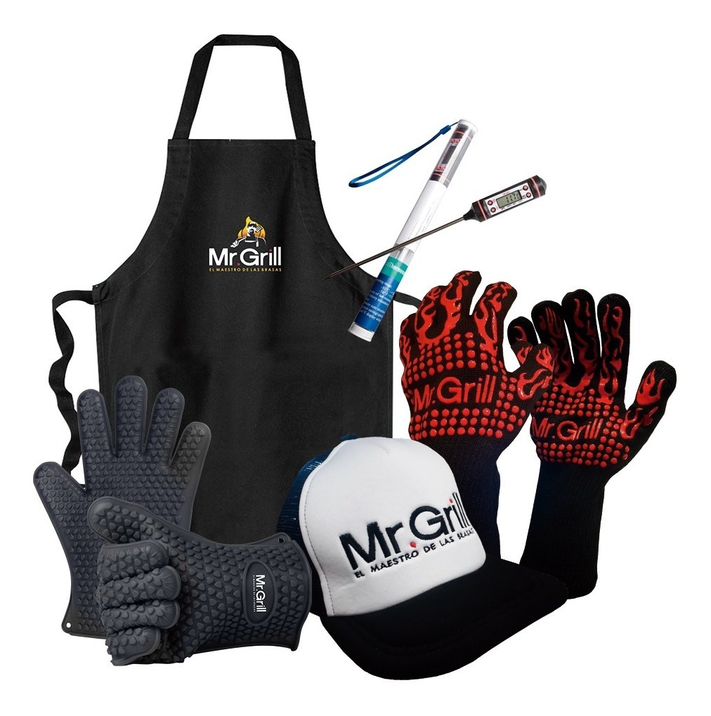  MR GRILL Resiste temperaturas de hasta 932° F.
Cubierta de aramida de material avanzado resistentes a altas temperaturas.
Tiras exteriores de silicona antideslizantes para agarres seguros.
Recubrimiento interno de algodón que absorbe el calor.